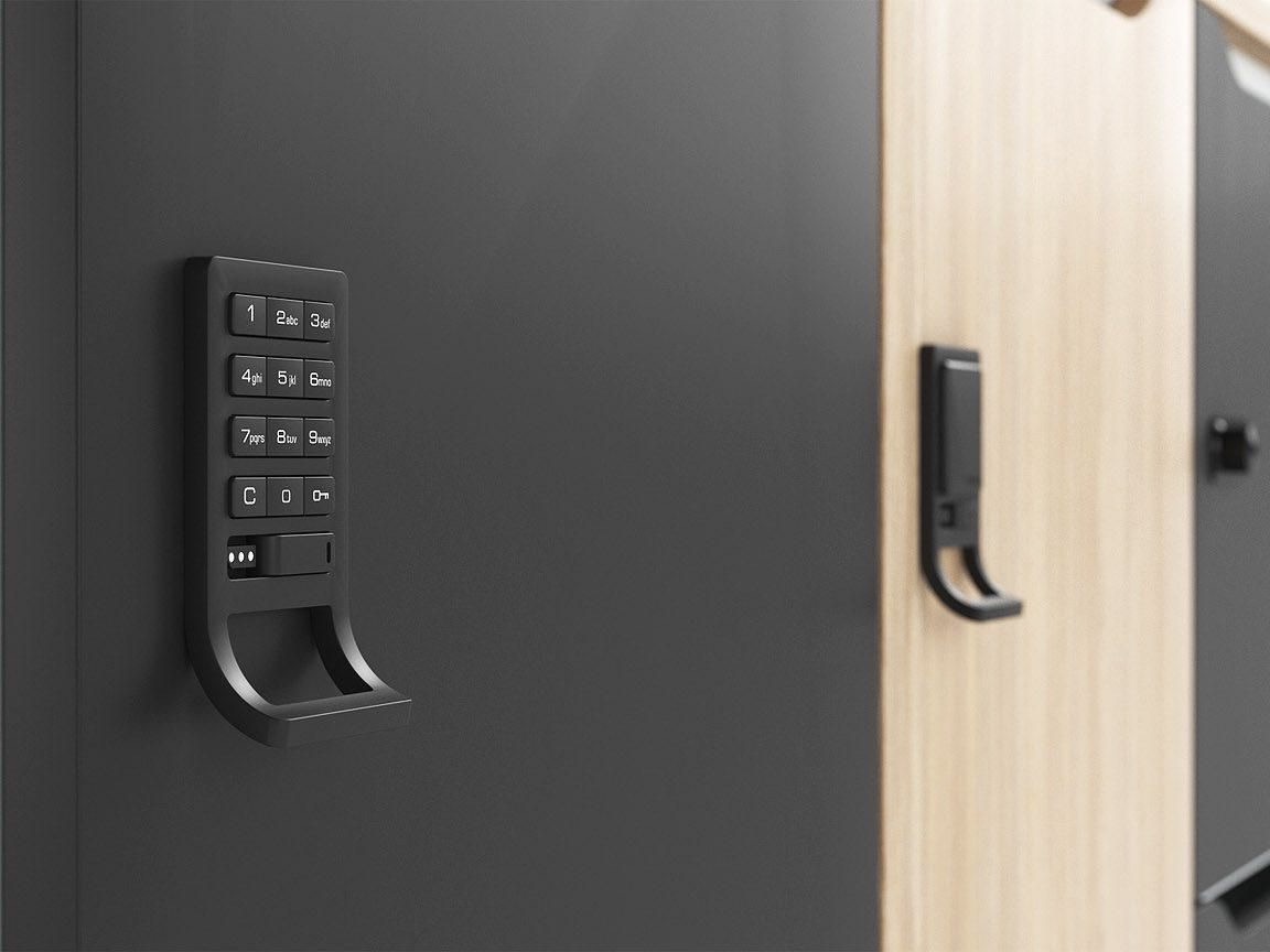 Fechadura digital inteligente modelo curvo preta em locker completo de Viking Lockers.